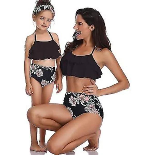 Flickbaddräkt Tvådelad Bikini Set Volang Falbala Badkläder Baddräkter-e( Svart)[CO]