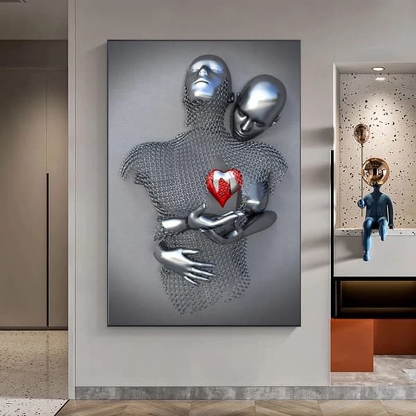 Kärleks sydän 3D-efekti seinätaide abstrakti metalliveistos kangas moderni maalaus seinäsisustus 30*40cm