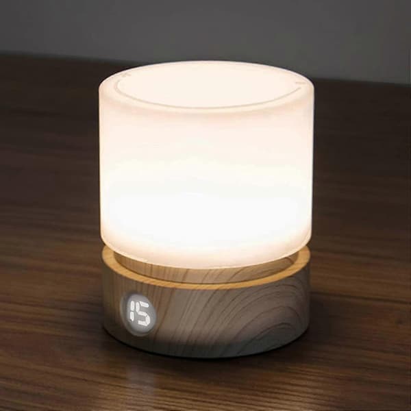 Timer-natlampe, sengelampe, baby-amning, dæmpbar, batteridrevet, varmt lys