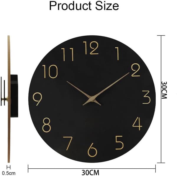 Tyst väggklocka utan tickande, MDF-träurtavla med stora siffror, batteridriven, för vardagsrum, sovrum, kök, kontor, svart 25x25cm