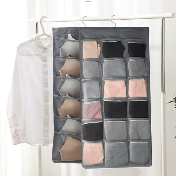 2-pack Hanging Wardrobe Organizer for Underwear, Socks, Bras, 30 Compartments Double-Sided Storage, Foldable and Space-Saving V V V