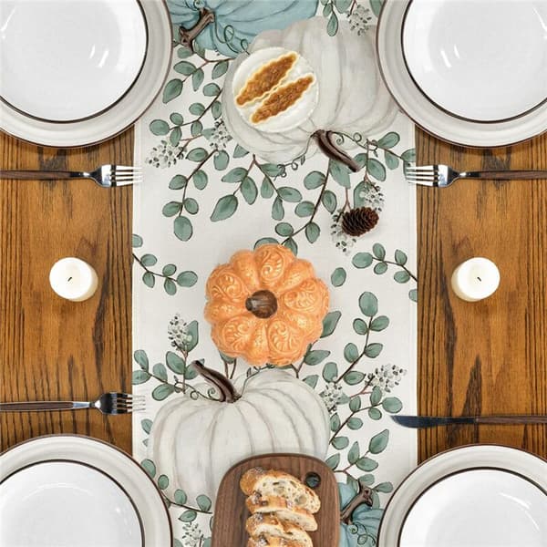 Efterår Eukalyptusblad Bordløber Græskar, Efterår Thanksgiving Køkken Spisestue Borddekoration til Indendørs A