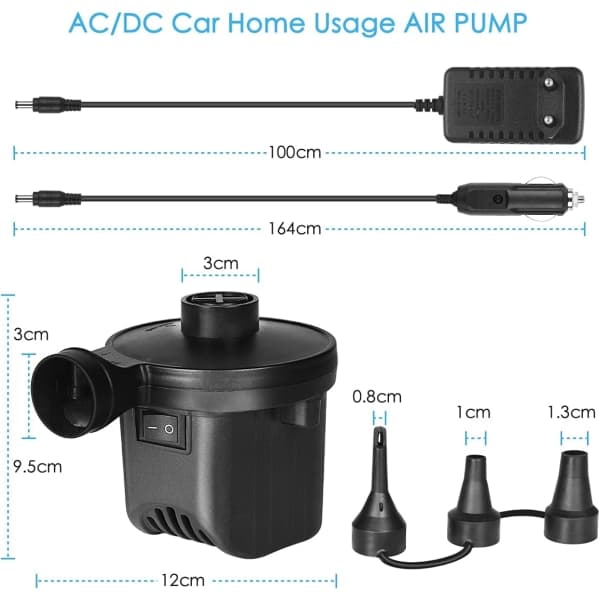 Elektrisk pump, luftpump inflator/deflator med 3 munstycken, elektrisk pump för madrass, campingkudde, vattenmadrass, båt, badring