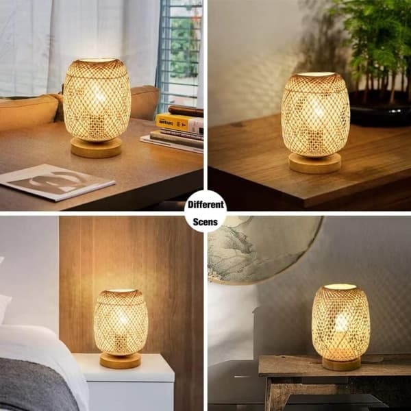 Bamboo Woven Table Lamp with Lantern, Bedside Lamp, Japanese Style Decorative Night Light, Desk Lighting Lampshade for Bedroom