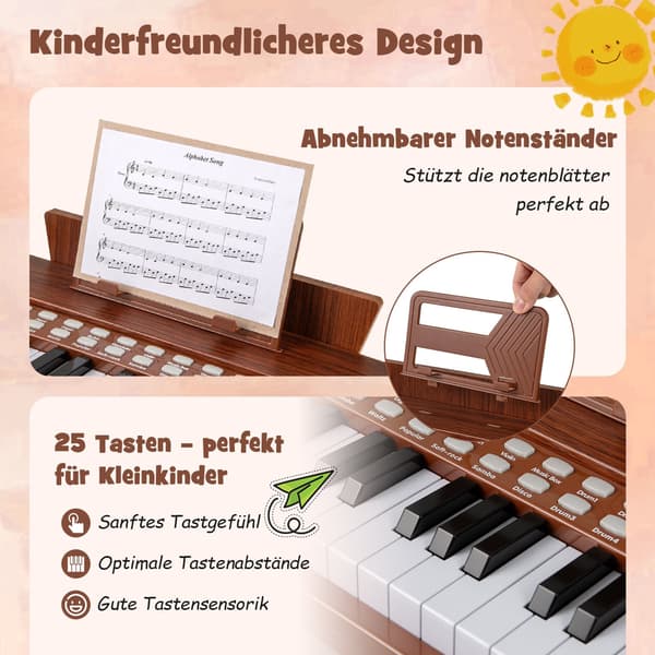 Digitalpiano for barn med 25 tangenter – justerbar hastighet, brunt
