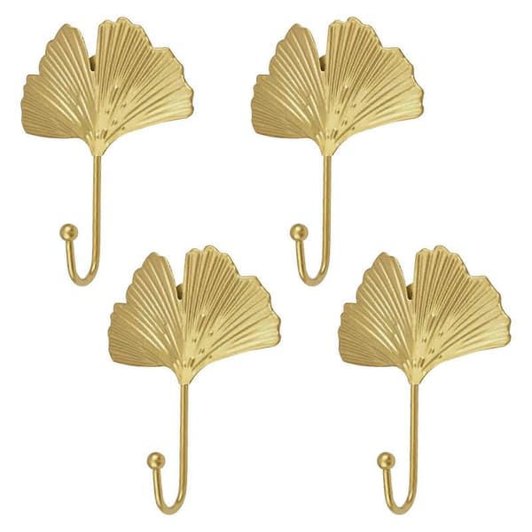 Iron Leaf Hooks, 4 Pcs Gold Ginkgo Leaf Shaped Wall Hooks, Modern Key Holder, Single Hook Hanger for Home Office