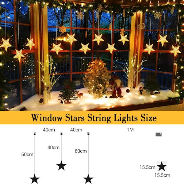LED Star Curtain Light String Christmas Decoration Diamond Battery Operated Timer 8 Modes, Star Light String Curtain Waterproof Warm White