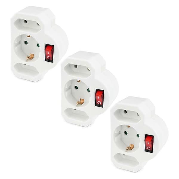 3X Socket Adapter 3-way Euro Socket Outlet Switch Switchable Socket Illuminated Switch Safety Switch EU White White