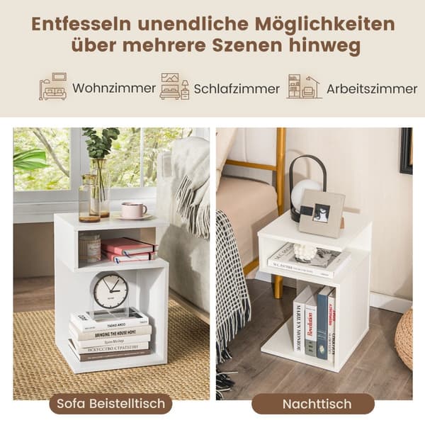 S-formet sidebord med 2 åpne rom, moderne nattbord 33 x 33 x 50 cm hvitt