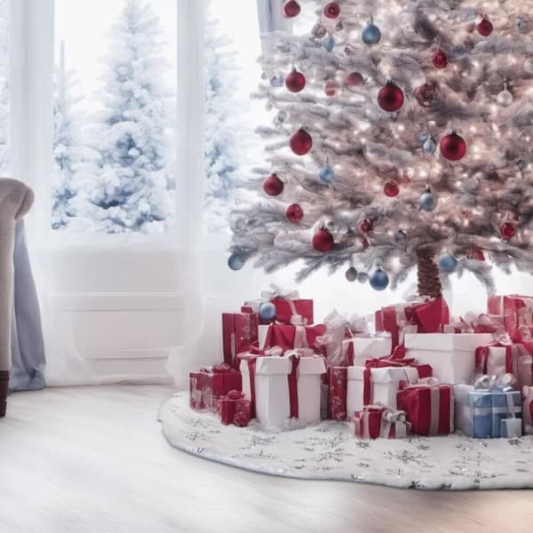 90 cm Christmas Tree Skirt, Large Silver Snowflake Christmas Tree Base Cover, Christmas Tree Mat
