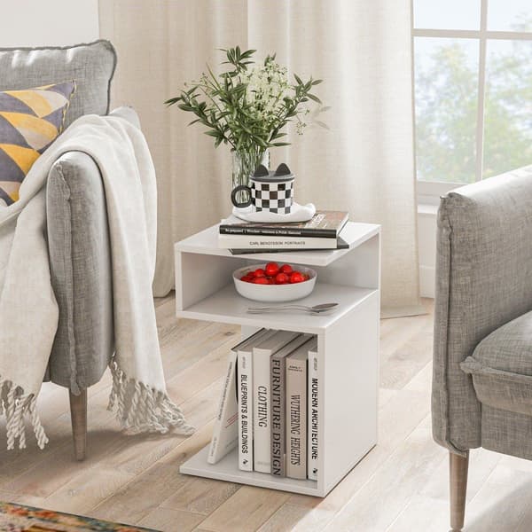 S-formet sidebord med 2 åpne rom, moderne nattbord 33 x 33 x 50 cm hvitt