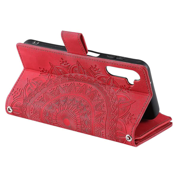 For Samsung Galaxy A54 5G PU Leather Mandala Flower Embossed Wallet Case with Zipper, Stand Function and Multiple Card Slots with Strap - B6 Red