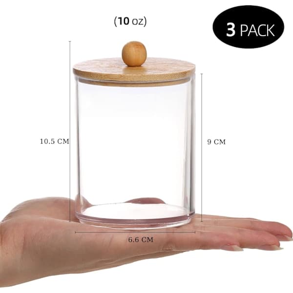 10 Oz Bomullspinne/Boll/Pad Hållare, Apotekarburk, Klar Badrumsbehållare Dispenser för Förvaring 3-pack Trälock