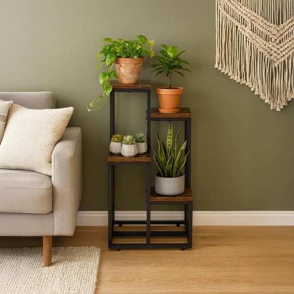 Loft-tyylinen kasviteline 4 hyllyllä, terästä ja lastulevyä