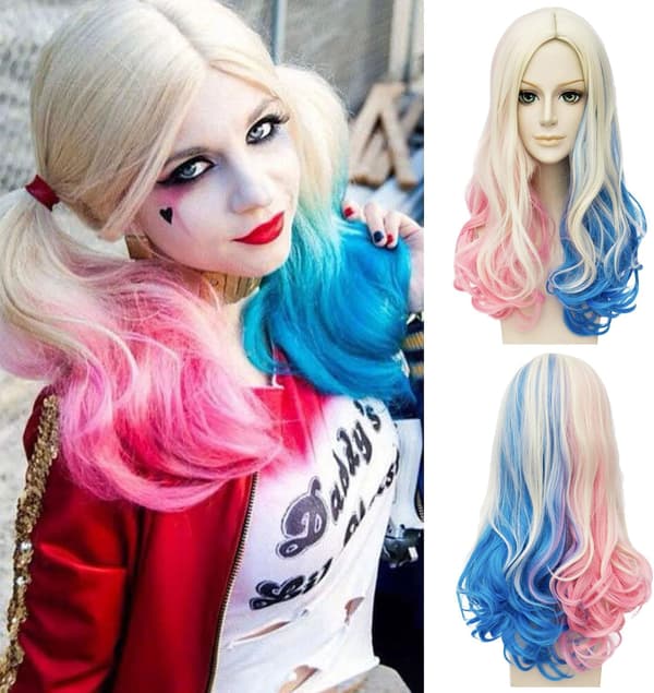 Harley Quinn Lang Cosplay Paryk til Kvinder - Blond Blå Pink Halloween[JUN]
