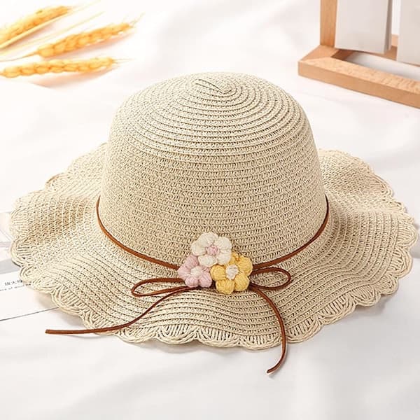 (Beige) 2-pack flickas solhatt och halmvävd väska, 1-6 år gamla barns stråhatt med blomdekoration, sommarstrandhatt