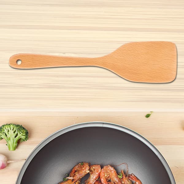 Wooden Kitchen Utensils, Long Handle Spatula, Slotted Non-Stick Spatula, No Holes