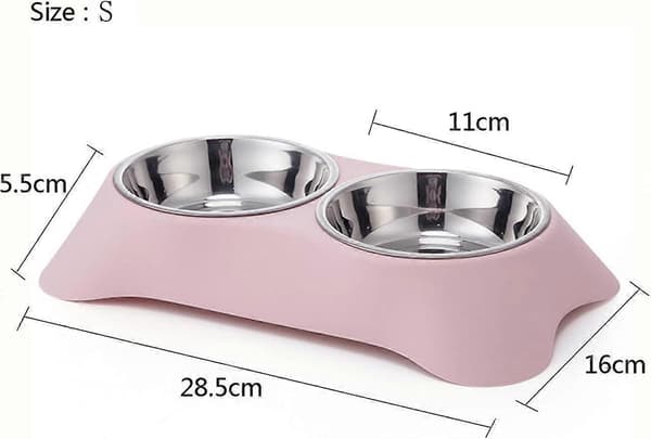 Dobbel hundeskål, sklisikker dobbeltskål i rustfritt stål med sølebeskyttelse for små hunder og katter (S, rosa)