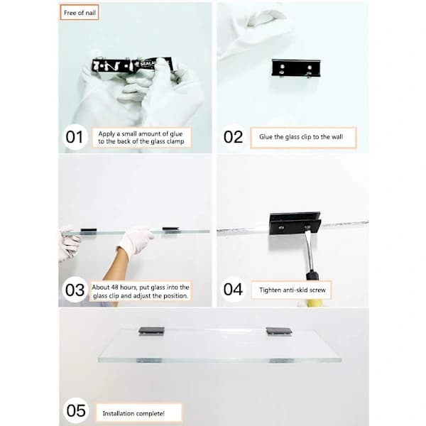 8 stk. Firkantede Hyldebeslag i Aluminiumslegering til Glas (Passer til 8-10 mm Tykt Glas)