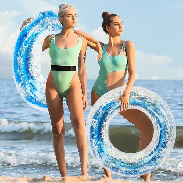Swimming Ring for Adults, Inflatable Swimming Pool Float Ring with Sequins, Transparent Floating Ring Rainbow Sequins Swimming Ring