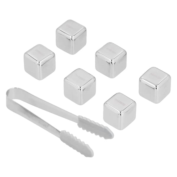 Stainless Steel Ice Cubes, 6-Pack Reusable Ice Stones for Whiskey, Wine, Drinks with Tongs