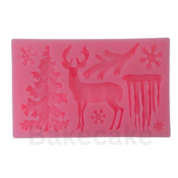 Vintertema silikoneform med rensdyr, snefnug, juletræ og mere Rosa pink