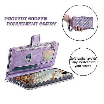 Wallet Case Compatible With Iphone 14 Pro Max/14 Pro, Grid Pattern PU Leather + Soft TPU Frame Protection With Lanyard