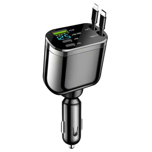 Indtrækbar biloplader, biltelefonoplader med kabler hurtigopladning, C bilopladeradapter, sort