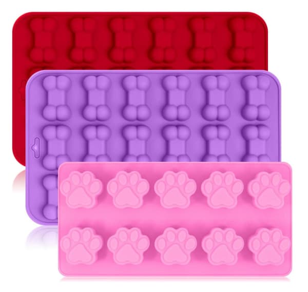 Sett med 3 silikonformer (rosa, lilla, rød) – hundepote og bein