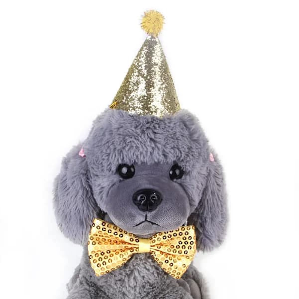 Kæledyrsjulebue, julehat til hund, kostume til små og mellemstore katte og hunde, julerød hat og rød bue - guldhat og guldbue