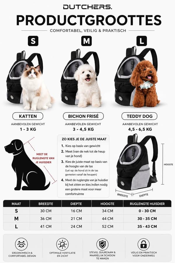 Kæledyrsrygsæk med åndbart net og sikkerhedsline, nylonrejsetaske til små hunde og katte op til 5,5 kg, medium sort