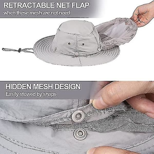Mosquito Net Cap - Bug Cap UPF 50+ Sun Protection with Hidden Net for Beekeeping Hiking Men Women_fs Grey