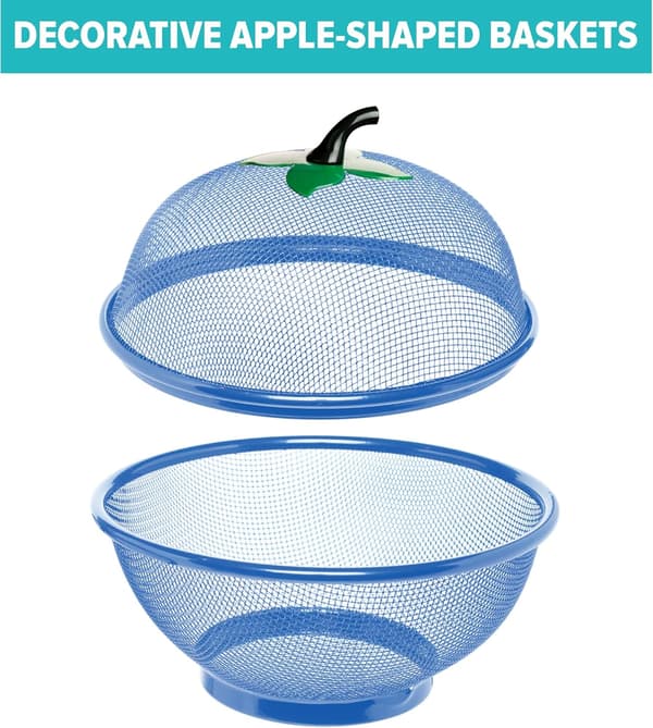 Apple-shaped fruit basket with net and lid, vegetable table holder, keeps unwanted pets and insects away, dish drying basket for kitchen Blue Blue
