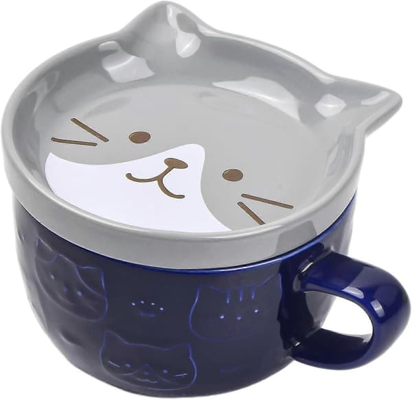 Porslinskaffekoppar med lock, mönstrade kaffemuggar, söt morgonkopp, tekoppar kaffemuggar inflyttningspresenter, (Grå katt)
