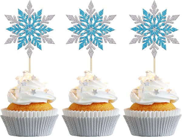 24 stk. Snøfnugg Cupcake Toppers Dobbeltlag Sølv Blå Vintertema Cupcake Picks for Babyshower Barnebursdag Julefest