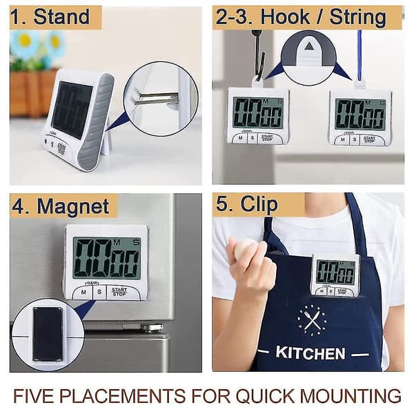 3 \" Stor display - Digital timer Magnetisk baksida Högt alarm På ett rep-matlagningstimer-26（Vit）