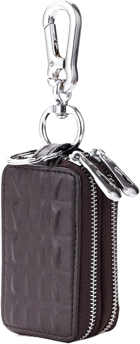 Äkta läder nyckelring dubbelficka med dragkedja, 9x5x3.5cm, Khaki