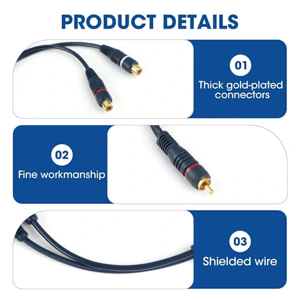 RCA-han til dobbelt hun-kabel, 3,5 mm Jack RCA-adapter lydkabelsplitter, mørkeblå - 15 cm, dobbelt RCA-musikkabel til,A