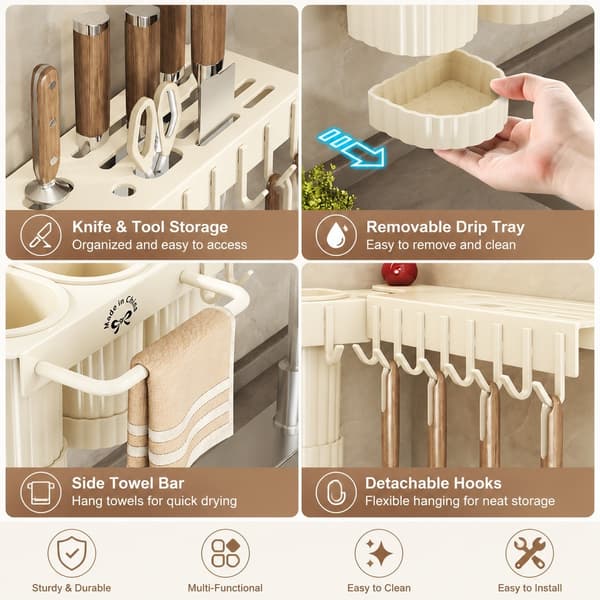 Wall-mounted knife holder and chopstick container, drill-free storage rack, single cup in cream, carbon steel, kitchen