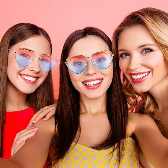 2 par briller Hjerteformede solbriller til Hippie Fancy Dress Accessory, Rose Gold Frame (Gradient Pink til Blue Lens)