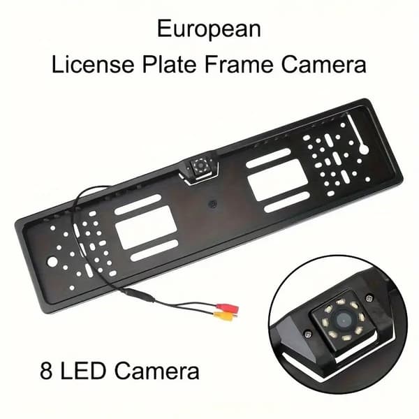 12V backup camera with 8 LED night vision and parking sensor, HD license plate frame backup camera for European cars