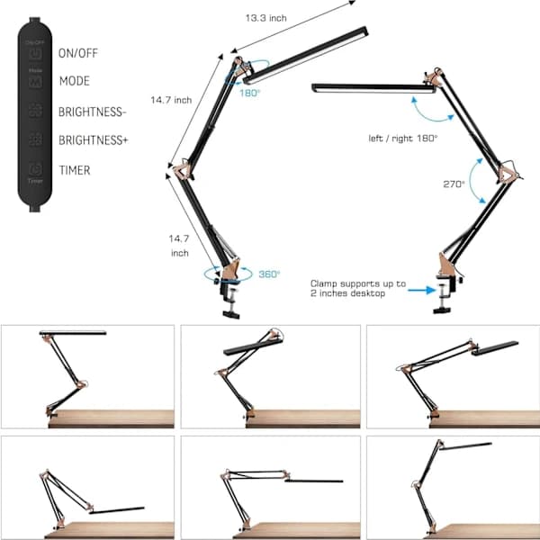 NA/LED Skrivebordslampe - Clip-on LED Skrivebordslampe - Øyebeskyttelse - 3 Lysmoduser, 10 Lysstyrker
