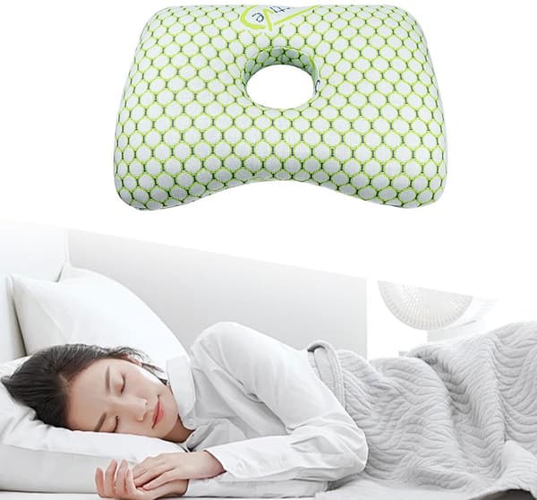 Ear Hole Pillow with 9 cm Cutout, Soft Breathable Polyester Support, for Side Sleepers, Piercings and Ear Pain Relief, White 48x32x8cm