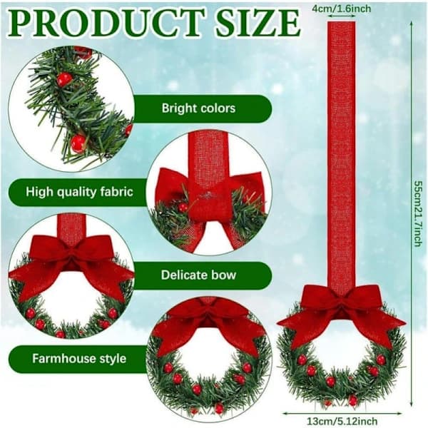 Christmas Wreath for Cabinets with Rowan Berries & Bow - Festive Decoration for Kitchen and Windows - 4-PACK Red
