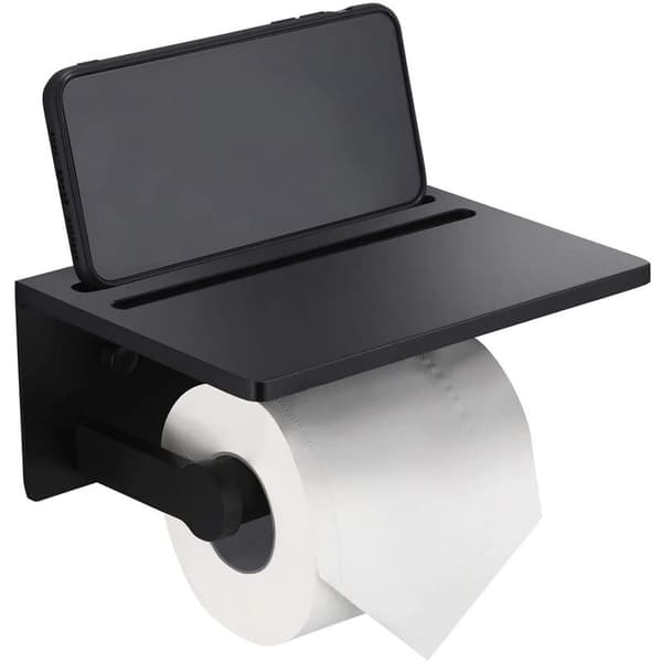 Toiletpapirholder med hylde - Sort rustfri aluminiumsrulleholder med hylde til moderne badeværelse
