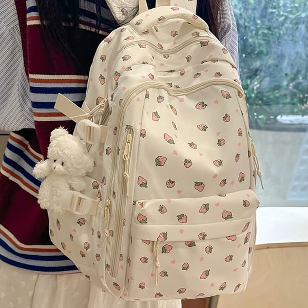 Women's Nylon Backpack with Printed Rose Design, Multiple Compartments, Large Capacity Not provided White Not provided White