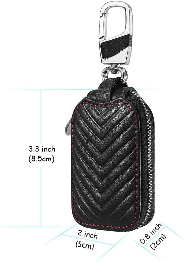 Black Genuine Leather Car Smart Key Chain Coin Holder Case Remote Keychains Fob Bag Key Ring Wallet Zipper Case (Black, Small)