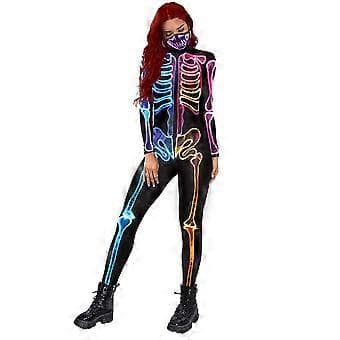 Halloween Kostume Dame 3d Skelet Halloween Kostumer Cosplay Jumpsuit Bodysuit (L)