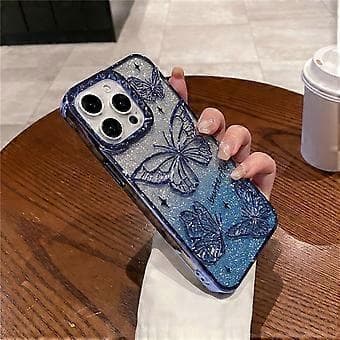 Kompatibelt deksel til iPhone 16 Pro 3D Sommerfugl TPU Telefondeksel med Gradient Glitterpapir (Blå)
