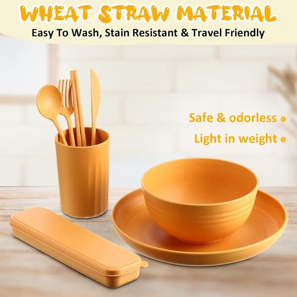 32-piece Wheat Straw Dinnerware Set, Reusable Plates Bowls Mugs, Eco-Friendly Green Tableware